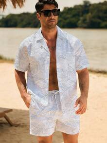 Manfinity Men's Summer Leaf Print Button-Front Shirt And Shorts Beach Outfit - Multicolor - View 4