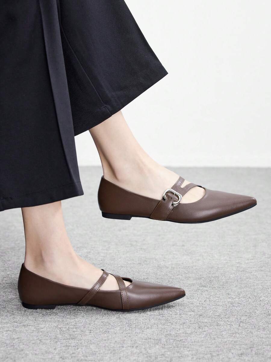CUCCOO BIZCHIC Giày nữ mũi nhọn có khóa cài, kiểu dáng thường ngày, thời trang. - Cà phê nâu - Xem 1