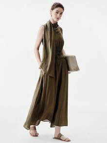 Aalyst Vestido sin mangas de mujer con cuello de bufanda, de estilo vintage, de unicolor, de tela arrugada, con cintura elástica y bajo acampanado, elegante, chic, ligero, lujoso, casual, bohemio, para vacaciones/trabajo y traslados - Verde Gris - Ver 4