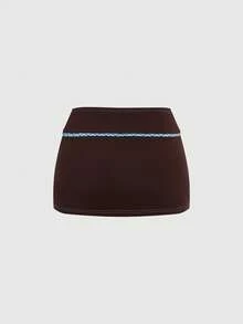 ROMWE Retro Plaid Sunflower Contrast Color Super Low Waist Mini Skirt, Suitable For Beach Vacation - Coffee Brown - View 2