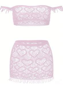 SHEIN Set de 2 piezas con top corto de hombros descubiertos y minifalda de color rojo, con estampado de corazón, adecuado para vacaciones, fiestas y parejas - Rosa - Ver 6