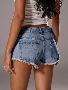 TRNVIE Women's Casual Distressed Denim Shorts With Slant Pockets, Summer - Medium Wash - View 2