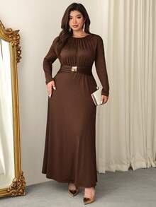 Firerie 大码女式优雅舒适休闲褶皱长袖连衣裙，饰有金属装饰，适合春、夏、秋、冬四季穿着，可作办公室/通勤装。 - 棕色 - 查看 6