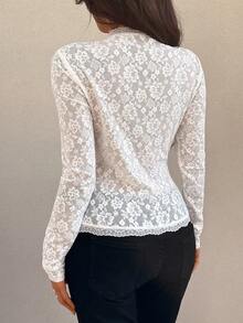 Sunnyshic Women's Black Lace Blouse, Elegant Sheer Hollow-Out Long Sleeve Fitted Casual Versatile Office Wear - White - View 2