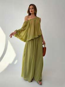 Aloruh 绿色雪纺不对称连体裤，复活节、圣帕特里克节、狂欢节、商务休闲女装、办公室女装、外出、约会之夜、教师装、演唱会女装、乡村演唱会女装、度假女装、工作装、节日装、婚礼及活动、海滩装、纯色派对连体裤 - 綠色 - 查看 7