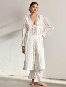 Ocili Women's Contrast Lace Flare Sleeve Robe And Long Pants Elegant Pajama Set - White - View 4
