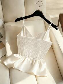 Franclia Spring & Summer French Luxury Satin Camisole Top For Women, Pearl Decor Ruffle Hem Cropped Cami Top, Silky Drape Elegant Office Wear Or Casual, Retro Sweet Girl Style Flattering & Whitening, Satin Drawstring Waist Camisole Top With Pearls White Peplum Top Peplum Top Women White Elegant Top Ivory Top Dress Top - Apricot - View 3