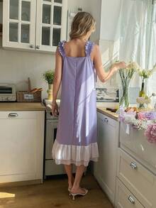 Snug Reverie Áo ngủ nữ lãng mạn với viền bèo nhún phối màu tương phản và họa tiết xếp nếp. - Màu Lilac Tím - Xem 4