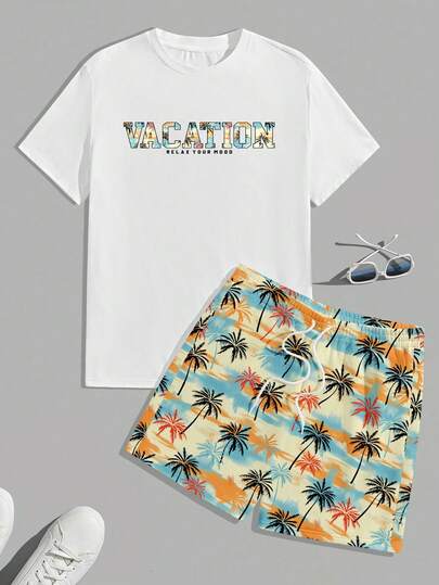 VIVINTIMO Standard Size Men's Casual Short Sleeve T-Shirt Set, Vacation Style Colorful Palm Tree Print Fashion Outfit
