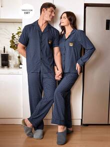 SHEIN Plaid Print Embroidered Pocket Short Sleeve Pants Men Pajama Set, Loungewear - Multicolor - View 1