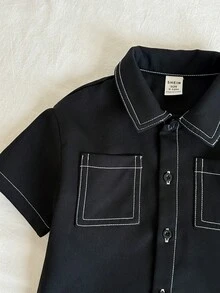 SHEIN 男婴休闲可爱街头时尚百搭黑色字母印花短袖衬衫，夏季 - 彩色 - 查看 10