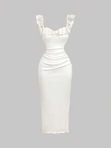 Skyraze Women's Elegant Off-White Ruffle Trim Midi Dress, French Vintage Summer Holiday Party Gown,Off-Shoulder Wedding Guest Date Dress,Spring - Light Yellow - View 7