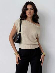 Firerie Women's Sequin Knit Asymmetric-Shoulder Sweater Top, Sexy Party Vibe Knit Blouse, Sequin Top, Risque Knit Top, Semi-Sheer Knit Sweater Top, Minimalist Women's Knit Sweater Top, Spring/Summer/Autumn Clothing, Elegant, Commute, Date, Party, Music Festival, Concert, Work Attire, Back To School, Annual Party, Women's Birthday Outfit - Apricot - View 7