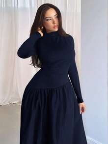 Firerie Vestido Longo Preto Sólido Elegante de Malha Jacquard Splice Bodycon, Adequado para Primavera, Outono e Inverno, Vestido Midi de Manga Longa com Gola Alta, para Ir e Vir/Férias/Praia/Romântico/Encontro/Dia dos Namorados/Concerto/Apresentação/Casamento/Volta às Aulas/Dia do Professor/Chá da Tarde - Azul Marinho - Visão 6