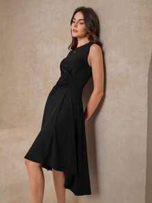 Amorya Đầm chữ A không tay, màu trơn, xếp ly phía trước - màu đen - Xem 7