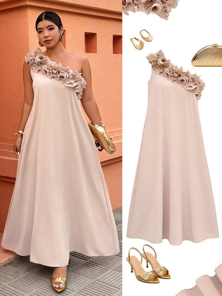 Selianne Vestido de vacaciones de línea A con hombro asimétrico casual para mujer de talla grande, primavera/verano - Albaricoque - Añade 3