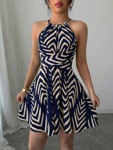 Elenzga 藏蓝色箭头印花优雅设计露背系带短款连衣裙，高品质，风格高贵典雅，适合情人节、复活节、劳动节、生日、约会、派对、正式场合、春夏穿着。 - 藏蓝色 - 查看 7