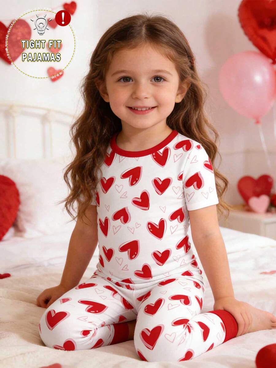 1set Young Girls Snug Fit Pajamas, Red & White Heart Print Top Paired With All-Over Heart & Bow Print Pants, Contrast Trim Design, Suitable As Valentine's Day Gift For Children - White - View 1