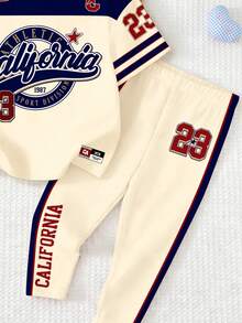 SHEIN 女婴字母数字印花圆领短袖T恤和打底裤休闲套装，适合春夏运动、休闲、上学、街头、派对、日常、度假等场合。 - 彩色 - 查看 6