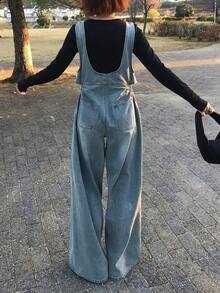 FRIFUL 女士休闲日常通勤时尚街头宽松阔腿牛仔连体裤 - 藍色 - 查看 2