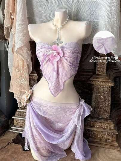 INAWLY Women's New Spring/Summer Purple Floral Print Backless Tube Top + Mini Skirt Set, Sexy Vacation Shirred Tube Crop Top + Wrap Skirt 2-Piece Outfit, Suitable For Vacation, Beach Walks