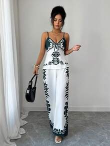 Rafferiza Women's Summer Beach Vacation Floral Print Fitted Camisole And Wide Leg Pants 2 Pieces Set - Green - View 5