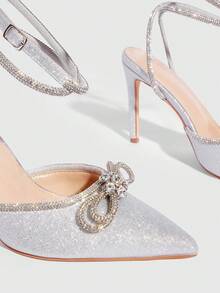 CUCCOO SZL Women's Rhinestone Bow Ankle Strap Stiletto High Heels Pointed Toe Sexy Low Vamp Shoes Bridal Banquet Ball Dress Shoes Christmas Valentine's Day Wear Valentine's Day - Silver - View 5