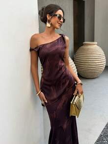 SHEIN Clasi 女士夏季扭结度假休闲日常不对称露肩美人鱼下摆套装 - 棕色 - 查看 4