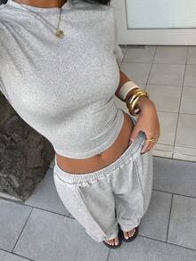 Flirla 2 pièces/Set T-shirt à manches courtes et pantalon de survêtement de couleur unie pour femmes, printemps/été - Gris - Voir 1
