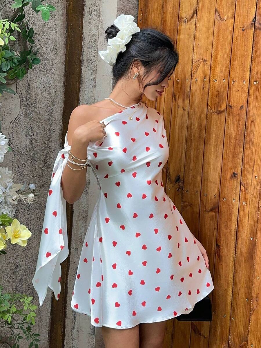 MainGRL Women's Elegant Heart Print Asymmetric-Shoulder Waist Cinched Dress, Summer - White - View 1