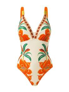 Swim Oasis Bộ đồ bơi liền thân họa tiết cây cọ nhiệt đới và hoa, kèm váy, trang phục đi biển thanh lịch cho mùa hè. - Nhiều màu - Xem 6
