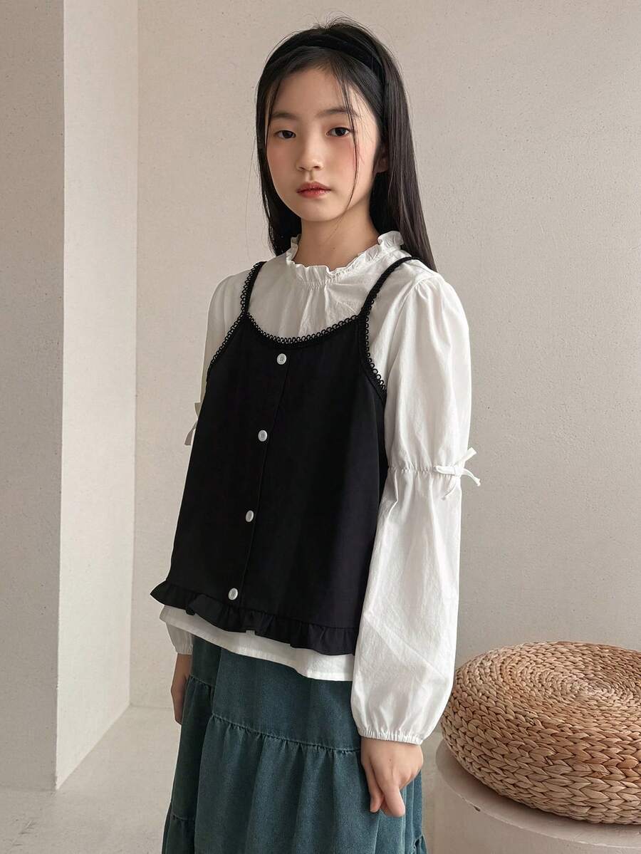 DAZY 少女休闲纯色蝴蝶结装饰衬衫和吊带背心套装 - 黑與白 - 查看 1