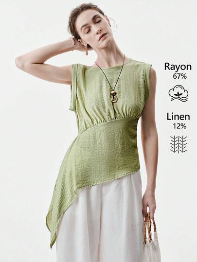 Aalyst 女士春夏休闲套装，适合新年、情人节、复活节、母亲节、中东婚礼等场合，优雅时尚，简约职场风，浪漫度假必备，亚麻圆领收腰不对称下摆无袖上衣，浅绿色