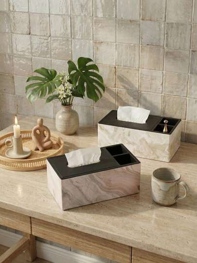Cirelle Marble Pattern Tissue Box With Organizer Compartments – Modern Facial Tissue Dispenser, Multi-Purpose Desktop Storage For Home Office & Living Room, Minimalist Decor Accent