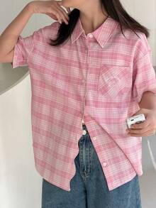 DAZY 少女格子短袖单排扣休闲口袋衬衫（夏季款） - 粉色 - 查看 8