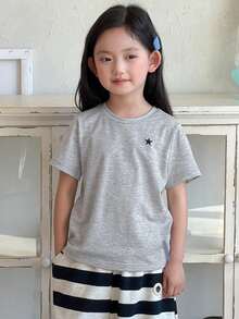 Dazy Kids 年轻女孩休闲日常通勤百搭星形印花短袖T恤，夏季 - 灰色 - 查看 8