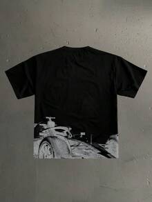 Manfinity Roghcode 男士休闲字母及赛车印花宽松圆领T恤，夏季款 - 黑色 - 查看 2