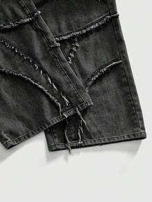 ROMWE MEN 男士字母印花拼接毛边口袋阔腿宽松休闲牛仔裤 - 黑色 - 查看 4