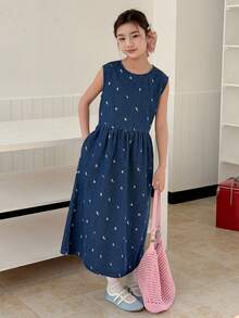 DAZY Girls' Round Neck Sleeveless Denim Dress - Blue - View 3