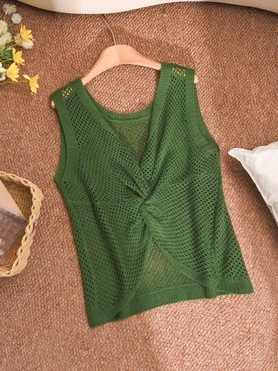 CosyJoli Plus Size Elegant French Casual Sleeveless Knit Tank Top, Green, Lightweight, Versatile For Spring/Summer
