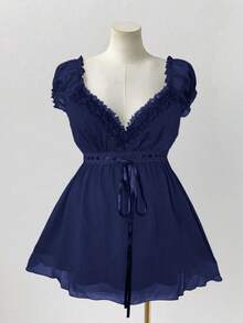 Sunspun 大码夏季休闲纯色荷叶边衬衫 - 藏蓝色 - 查看 3