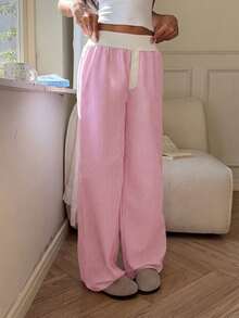 SHEIN EZwear 女士休闲粉色条纹撞色白色阔腿裤，春夏款 - 粉色 - 查看 4