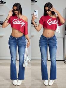 SHEIN Jeanoir Quần jeans ống loe cạp thấp, co giãn, kiểu dáng Y2K, chất liệu skinny, rách nhẹ, đã qua xử lý giặt. - Rửa trung bình - Xem 1