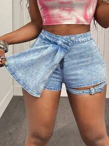 Slaydiva Women's High Waist Aqua Blue Denim Skort, Slim Fit Washed Pleated Skort For Summer, Street Wear Y2K Holiday Beach, Day Party - Pink - View 6