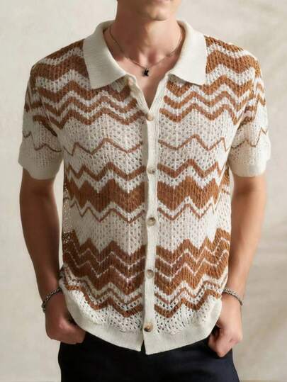 Airaco Men's Perforated Jacquard Wavy Pattern Knit Polo Shirt, Short Sleeve, Summer