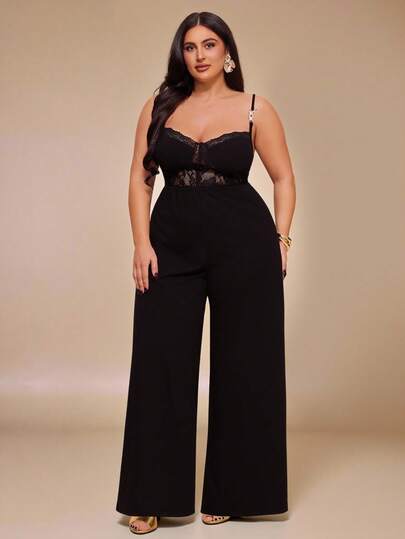 SHEIN BAE Plus Size Women's Contrast Lace Sleeveless Jumpsuit,Black Metal Chain Straps Lace Patchwork Jumpsuit, Plus Size,Solid Color Lace Bustier Criss-Cross Halter Wide Leg Jumpsuit,New Year,Valentine Pants,Lace Jumpsuit,Tall Women Pants Plus Size Jumpsuits Elegant