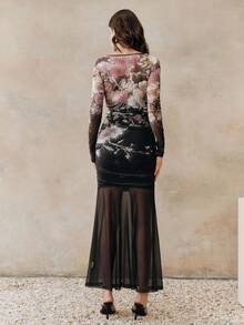 Anewsta Women's Elegant Black Floral Mesh Floral Print Round Neck Long Sleeve Fishtail Hem Slim Fit Autumn Party Night Maxi Sheer Dress - Black - View 3