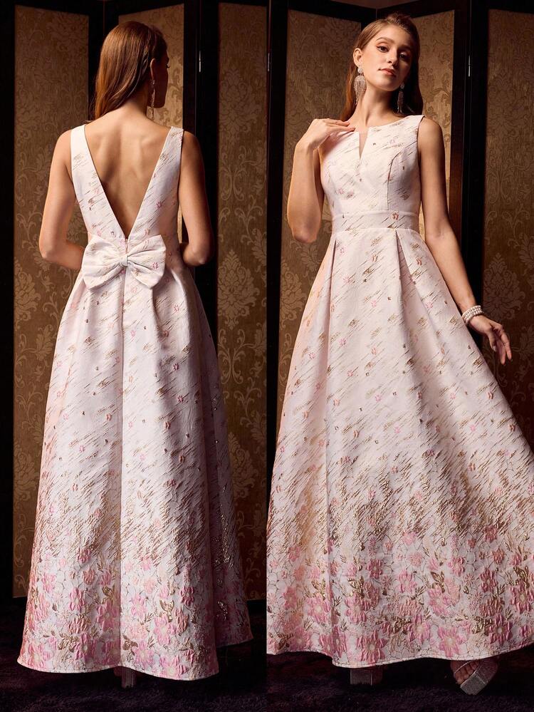 MOTF Soiréza WOMEN'S SLEEVELESS PLUNGING V-NECK FLOOR-LENGTH PARTY GOWN WITH BACK BOWKNOT – VIBRANT GRADIENT FLORAL WOVEN JACQUARD, FORM-FITTING SILHOUETTE FOR FORMAL PARTIES & WEDDINGS