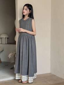 Dazy Kids 少女荷叶边圆领格子拼接宽松休闲连衣裙 - 灰色 - 查看 5