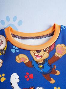 SHEIN | PAW Patrol 2件套男童卡通狗印花圆领长袖上衣和裤子舒适贴身睡衣套装，春秋季 - 藏蓝色 - 查看 5
